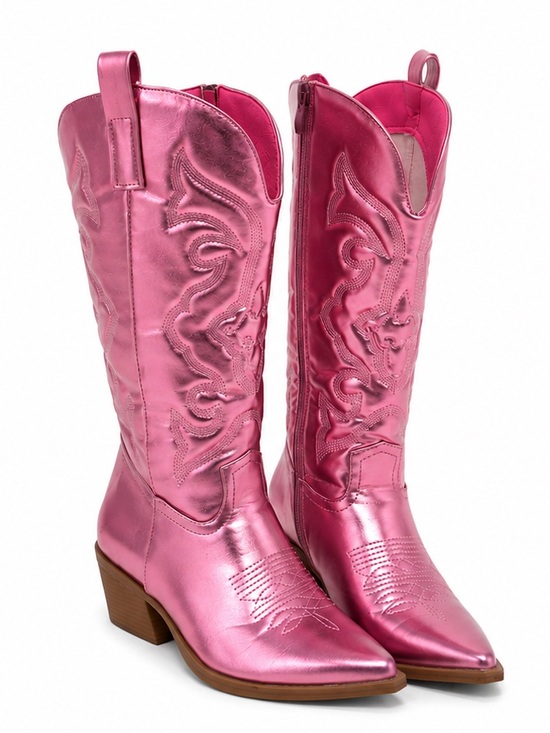 Nasty Gal Shoes - Nasty Gal Metallic Pink Western Knee-High Boots